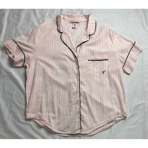 Victoria's Secret Pink Stripe V Logo Pajama Top Short Sleeve Button Up Sleepwear